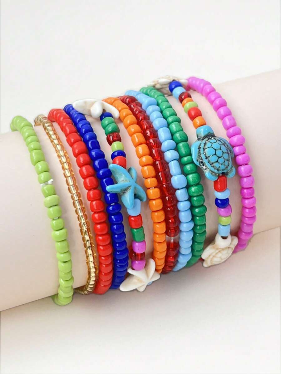 11pcs/Set Boho Colorful Beaded Starfish Elegant Bracelet, Suitable For Women, Perfect For Party, Beach Activities And Gift-Giving, Handmade Jewelry