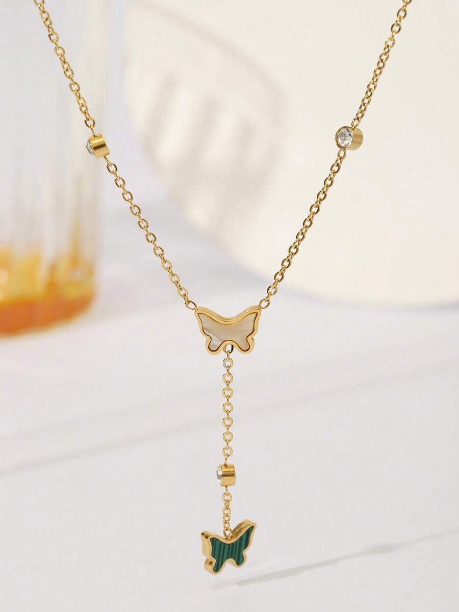 2025 New Elegant Rhinestone Butterfly Pendant Necklace, Delicate Fashionable Korean Fresh Style Necklace Suitable For Women Daily & Beach Vacation