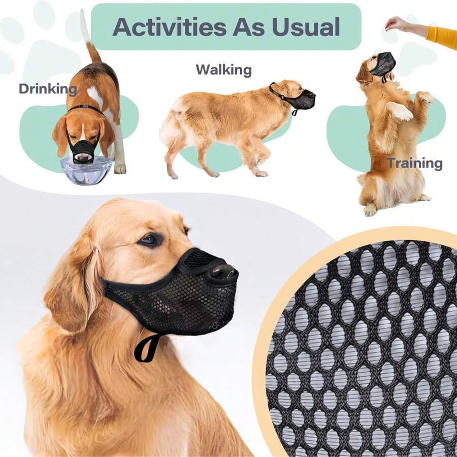 1 pieza Bozal para perros grandes, medianos y pequeños, bozal de malla patentado para prevenir mordeduras, masticación y alimentación, protector de hocico suave con diseño de abertura frontal para beber y jadear