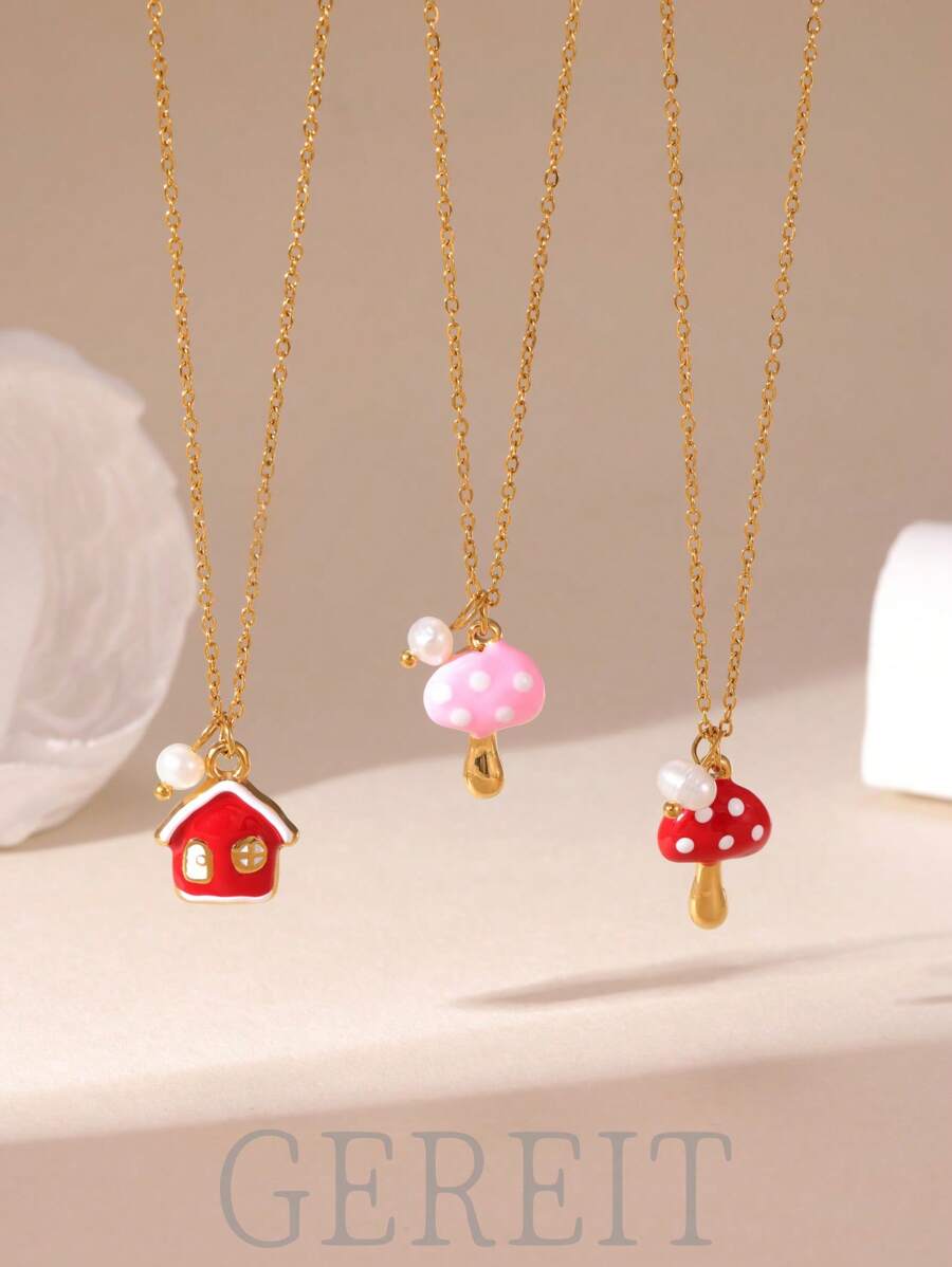 GEREIT 1 pieza Collar colgante con casa de hongo roja simulada de acero inoxidable enchapado en oro de 18K con perla falsa, lindo para uso diario de mujeres