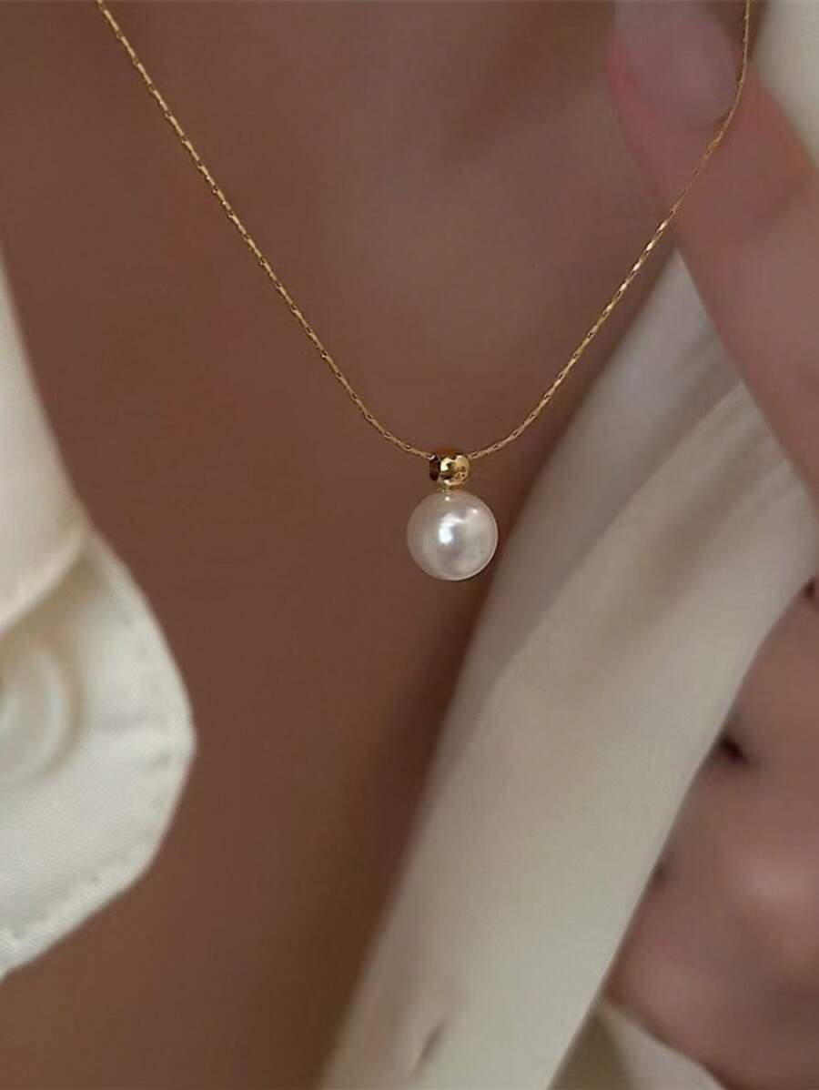 1 pieza Collar de perlas de moda coreano elegante de acero inoxidable, versátil para uso diario, regalo para mujeres