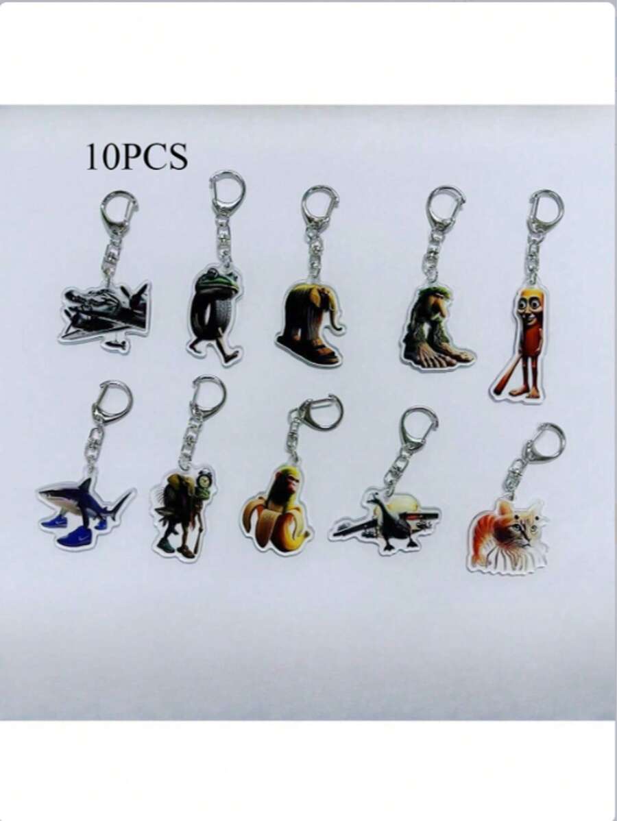 10pcs Cartoon Animal Keychain Creative Brainrot Sigmas Skibidi Rizz Cat Funny Keyring Accessories, Fans Gift School