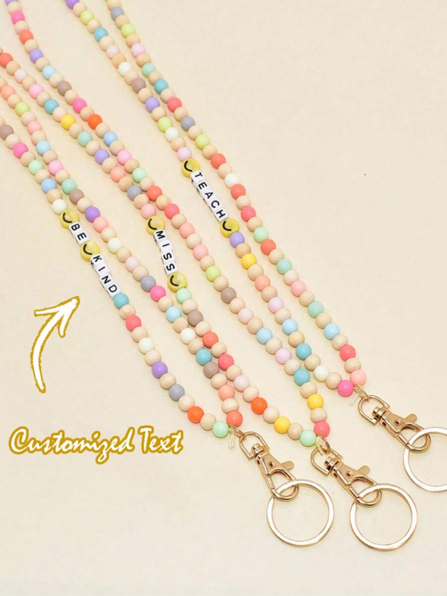 1pc Personalized Name/Text/Boho Style/Mixed Color/Matte Acrylic Bead/Wooden Bead/Lanyard Keychain, Word "TEACH MISS", Teacher's Daily Life Gift/Badge Holder Keychain/Phone Strap/Back To School Gift, Rainbow Teacher Lanyard/Anti-Lost/Customized Name Or ID Card Lanyard/Beaded Lanyard/Name Lanyard, Cute Teacher Gift
