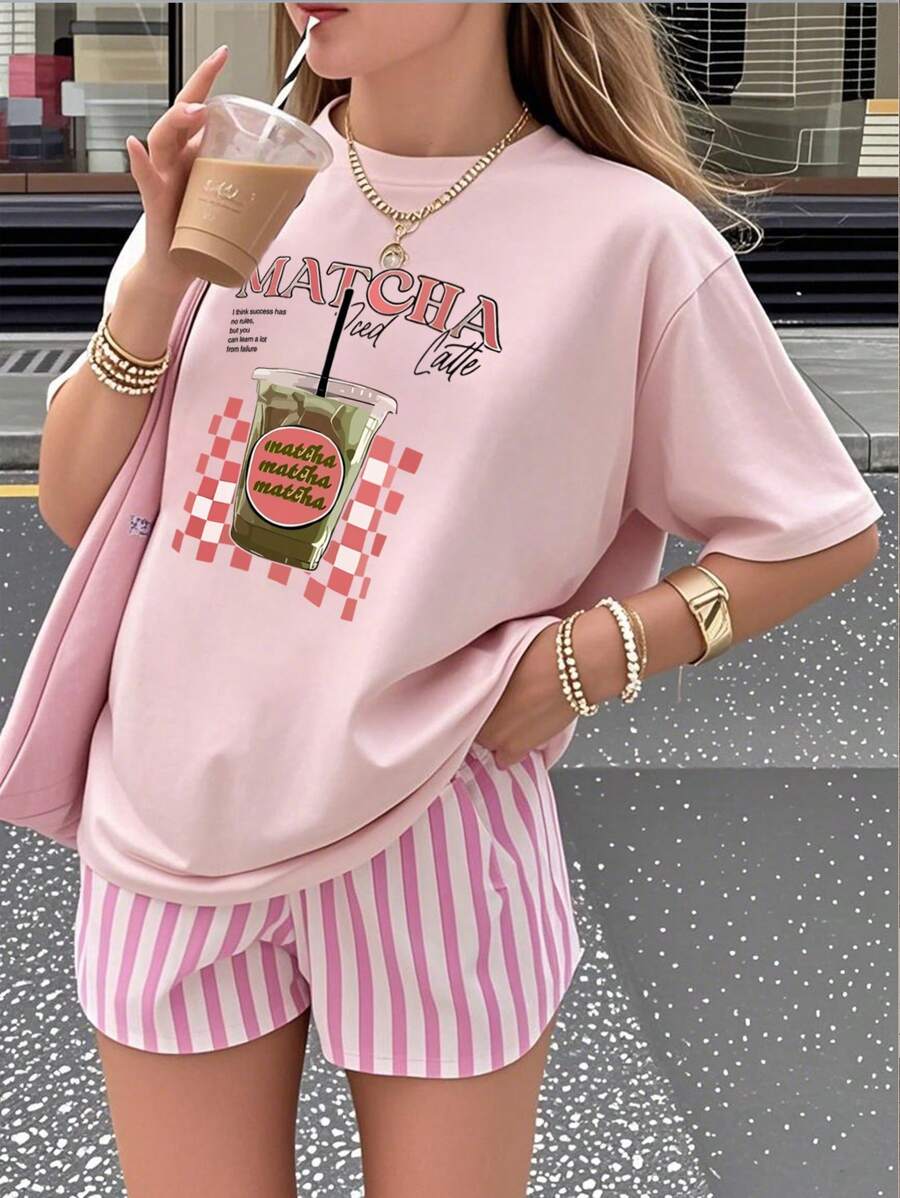 Camiseta de cuello redondo de manga corta con estampado rosa casual para niñas/adolescentes, tops de verano