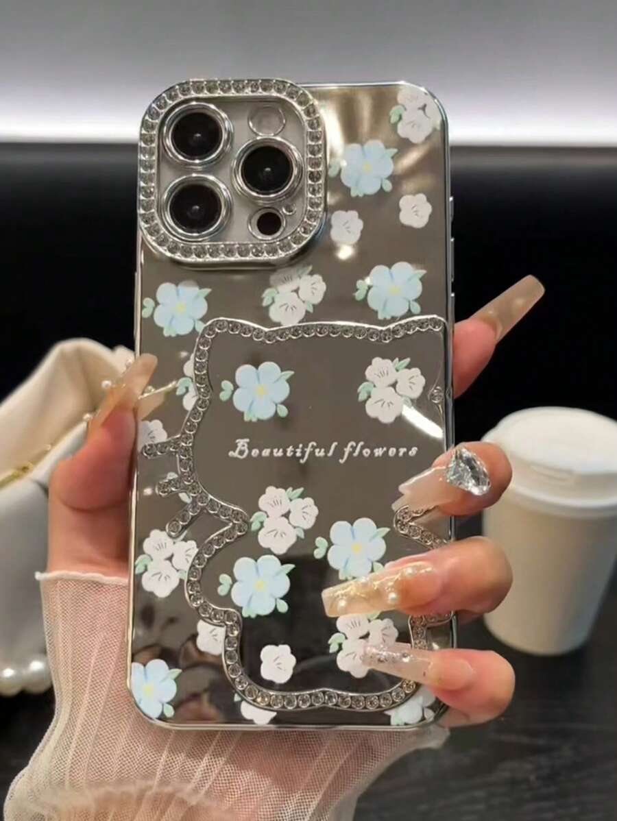 1pc Floral Painted, Rhinestone Adorable Cat Designed Luxury Bling Compatible With IPhone 11/12/13/14/15/16 Pro/Pro Max Phone Case