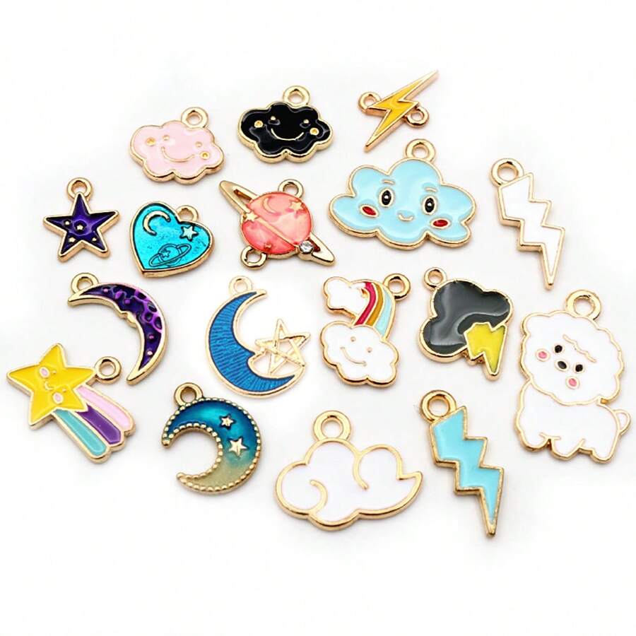 10 peças pingentes esmaltados fofos com raios, lua, estrela, nuvem, pequeno, liga de metal, faça você mesmo, acessórios para fazer joias, descobertas para colar, brincos, pulseira