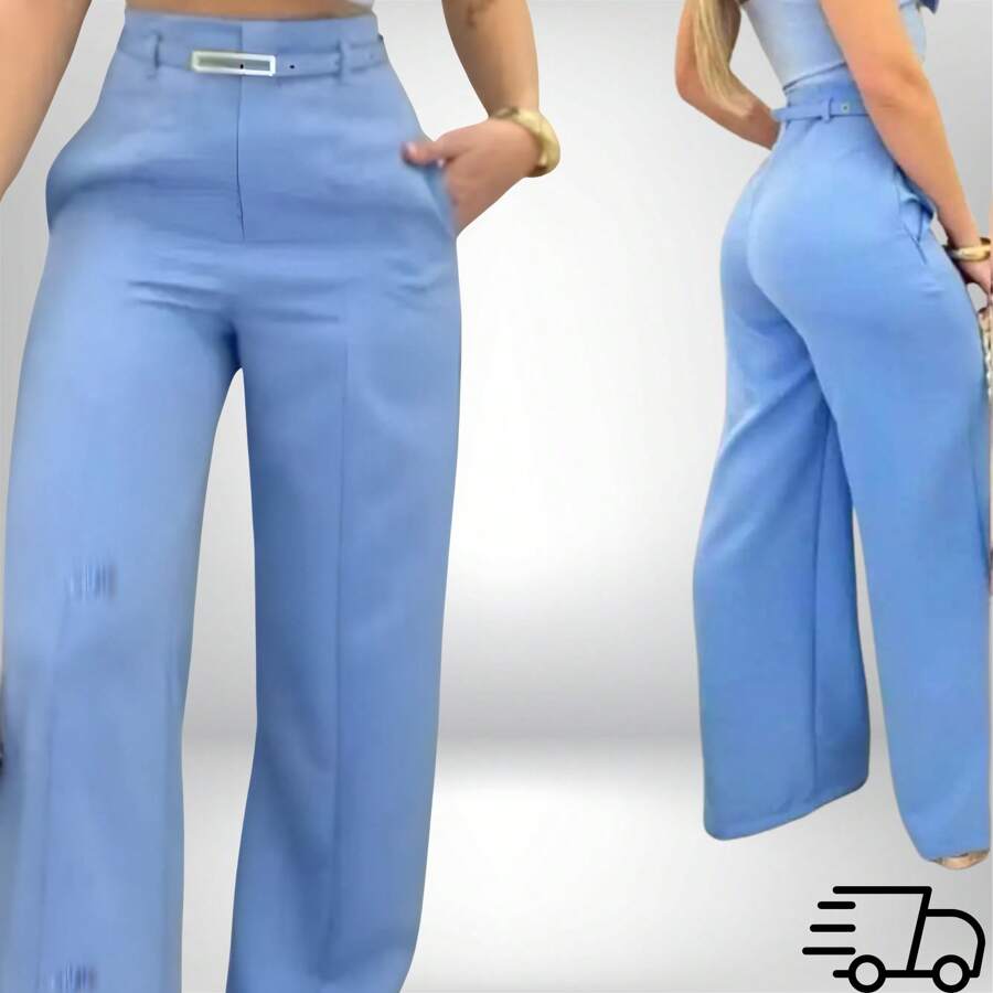 Pantalona Feminina Tecido Leve com Cinto Confortável Estilosa Verão: AZUL BEBÊ