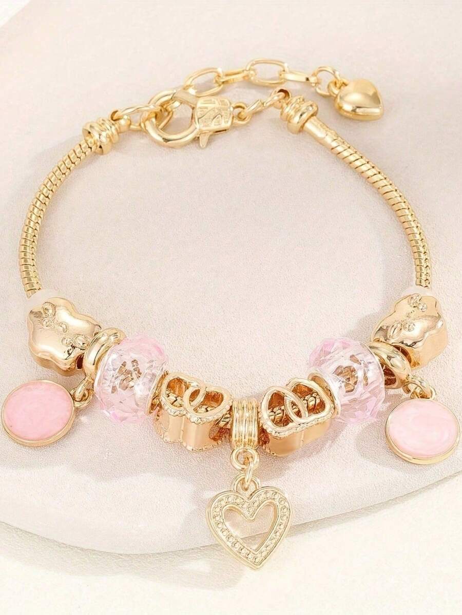 1 pieza Pulsera de latón con colgante en forma de corazón rosado y cuentas de resina brillante - Joyería elegante y artesanal para mujeres - Diseño delicado y calado, longitud de cadena ajustable, un regalo perfecto para ella