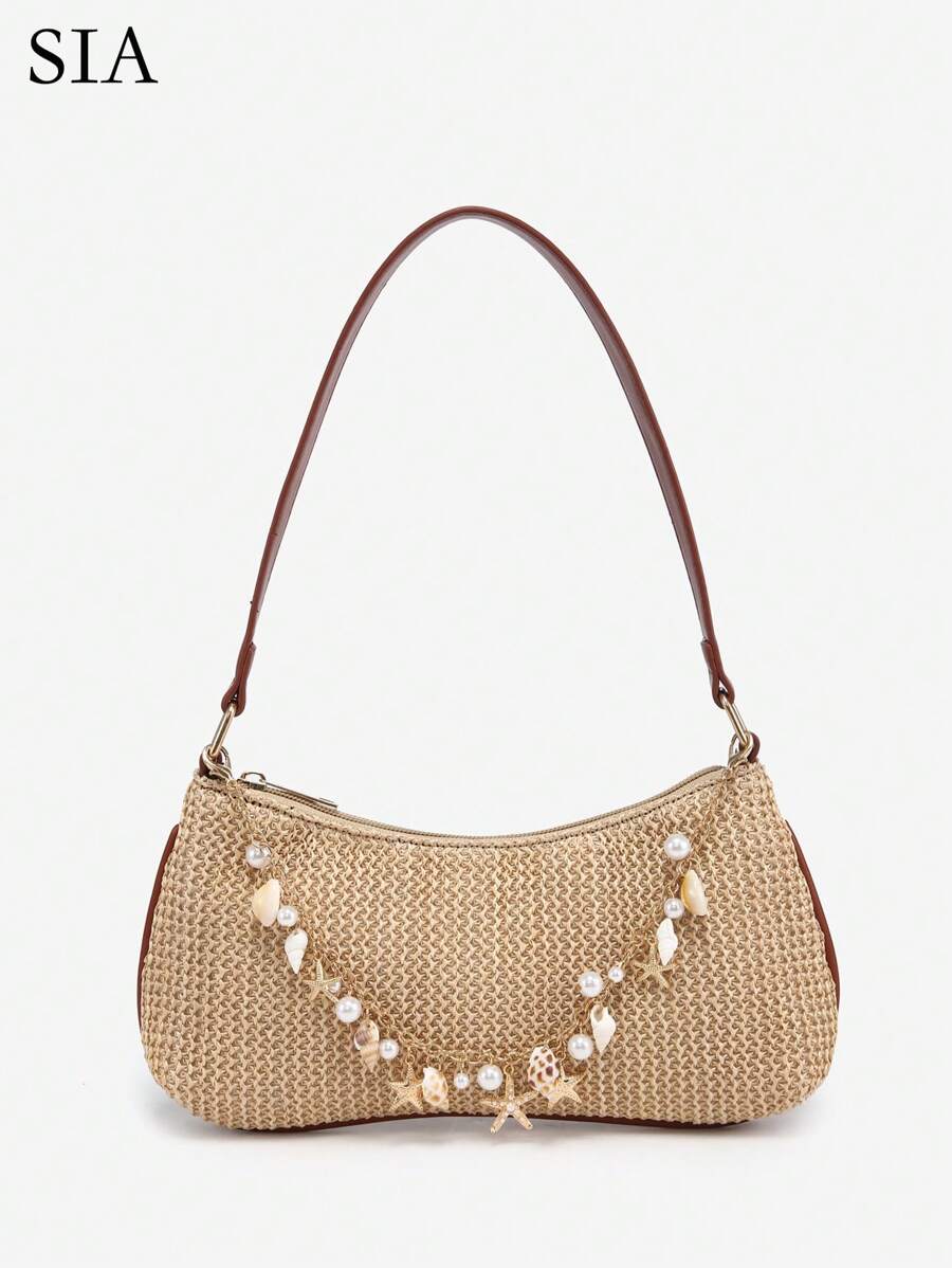 1pc Women's Retro Vacation Ocean Shell Pearl Woven Detachable Shoulder/Underarm Baguette Bag, Suitable For Date, Outing, Vacation