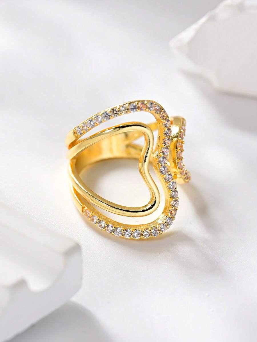 1PC Minimalist Fashion Asymmetric Line Double Layers Heart Ring,Gold Creative Geometric Hollow Out Adjustable Ring,Summer Beach Vacation Glamour Accessory,Elegant Jewelry Gift,Valentine's Day Gift For Everyday,Dating,Party,Holiday,Wedding.