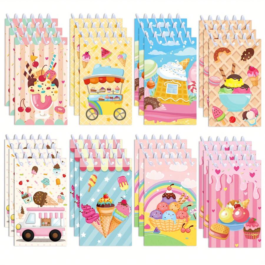 8pcs Mini Ice Cream & Candy Cartoon Design Spiral Notebooks - Pocket Memo Pads, Suitable For Birthday Party Supplies