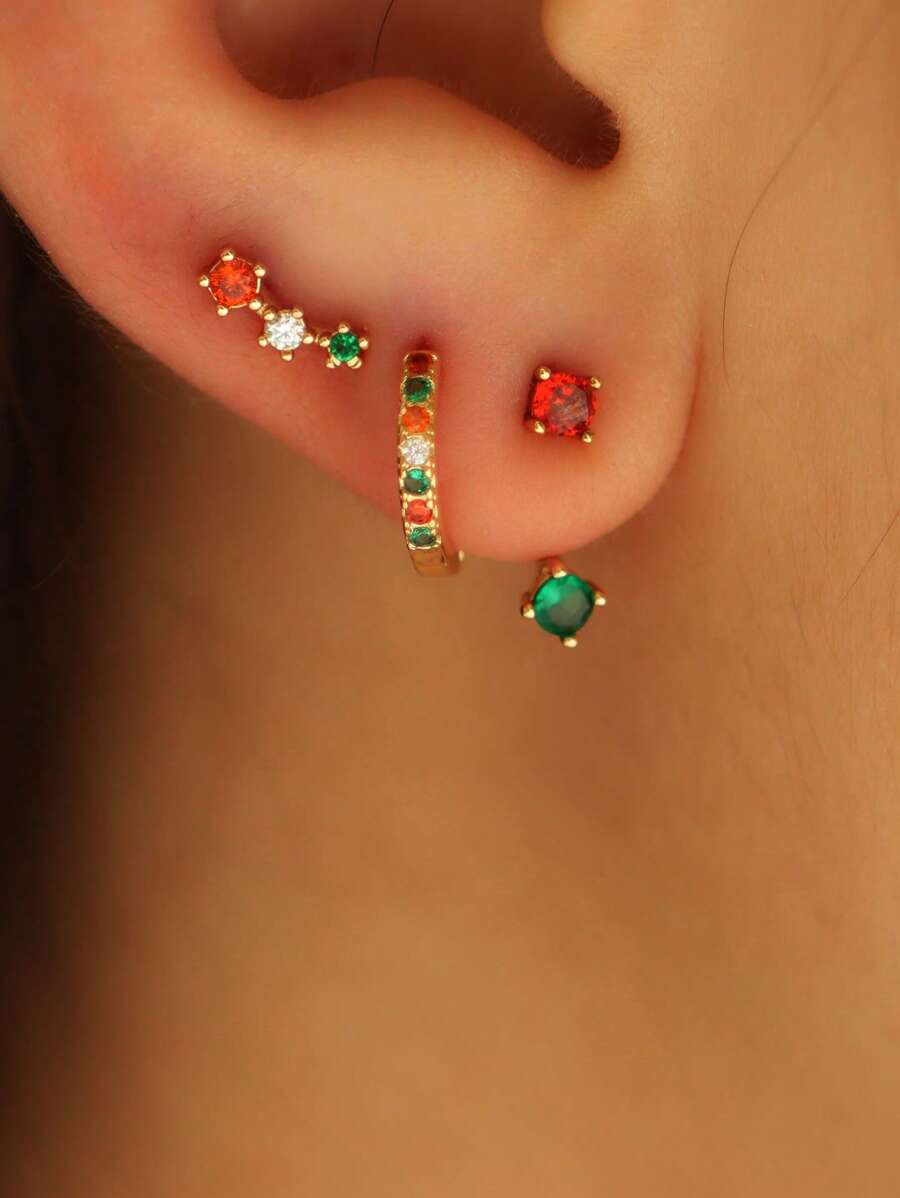 3pcs Colorful Cubic Zirconia Stone Earring Set, Minimalist Design Copper Jewelry Suitable For Daily, Dating, Party Wear