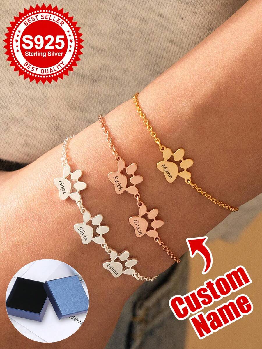 S925 Sterling Silver Custom Pet Paw Name Bracelets - Personalized Gift For Pet Lovers, Cat/Dog Moms/Dads, Sisters, Friends & Self - Ideal For Birthday, Gotcha Day, Pet Memorial, Daily Cute Style & Heartwarming Moments