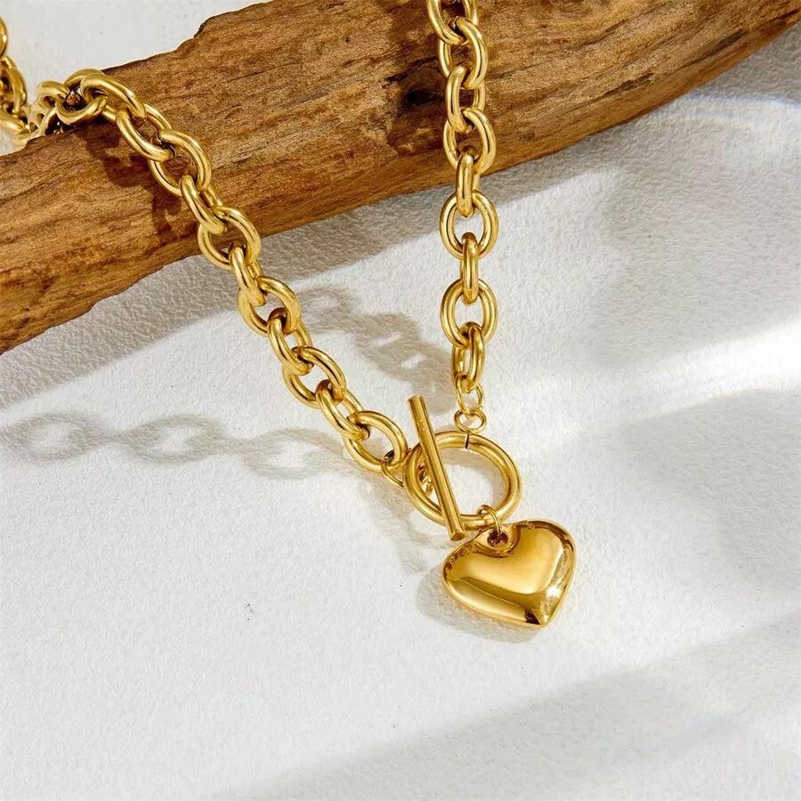1pc Fashionable Gold Stainless Steel OT Clasp Heart Pendant Necklace, Summer