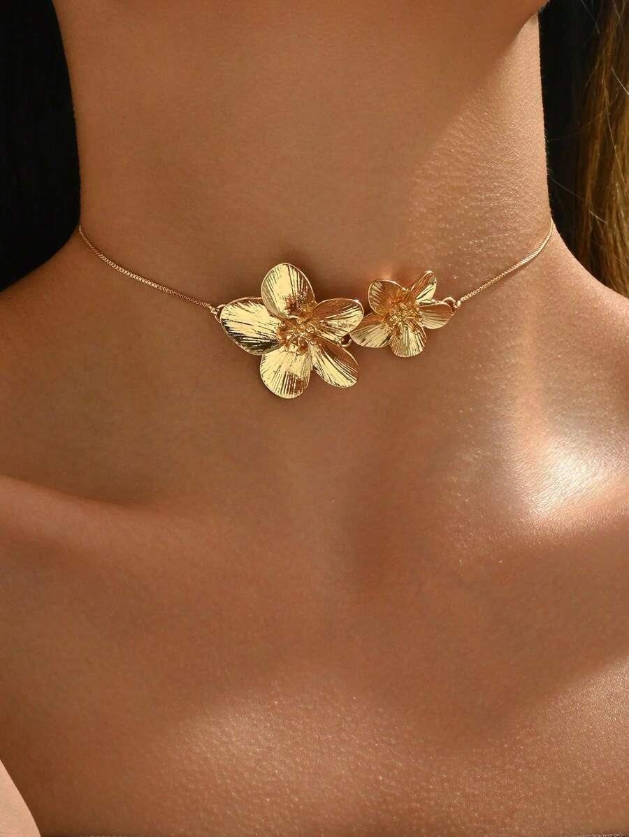 1 pieza Collar dorado de flor ajustable, elegante y de verano, joyería floral de diseño elegante y de alta gama para mujer, adecuado para uso diario, playa, fiesta y regalo