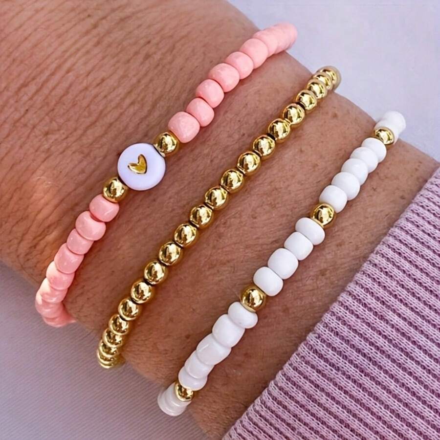 Juego de 3 piezas Pulseras tejidas a mano DIY, pulsera de cuentas multicolor con forma de corazón, set versátil para combinar, apropiado para vacaciones en la playa, fotos en la calle, fiestas, graduación, regalo de joyería