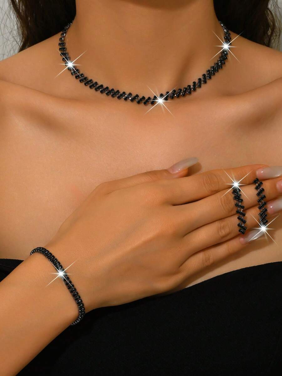Women Luxury Fashion Jewelry 4-Piece Set: Rhinestone Earrings + Necklace + Bracelet, Elegant & Generous Jewelry Suit, Suitable For Wedding, Party, Gift For Holidays
