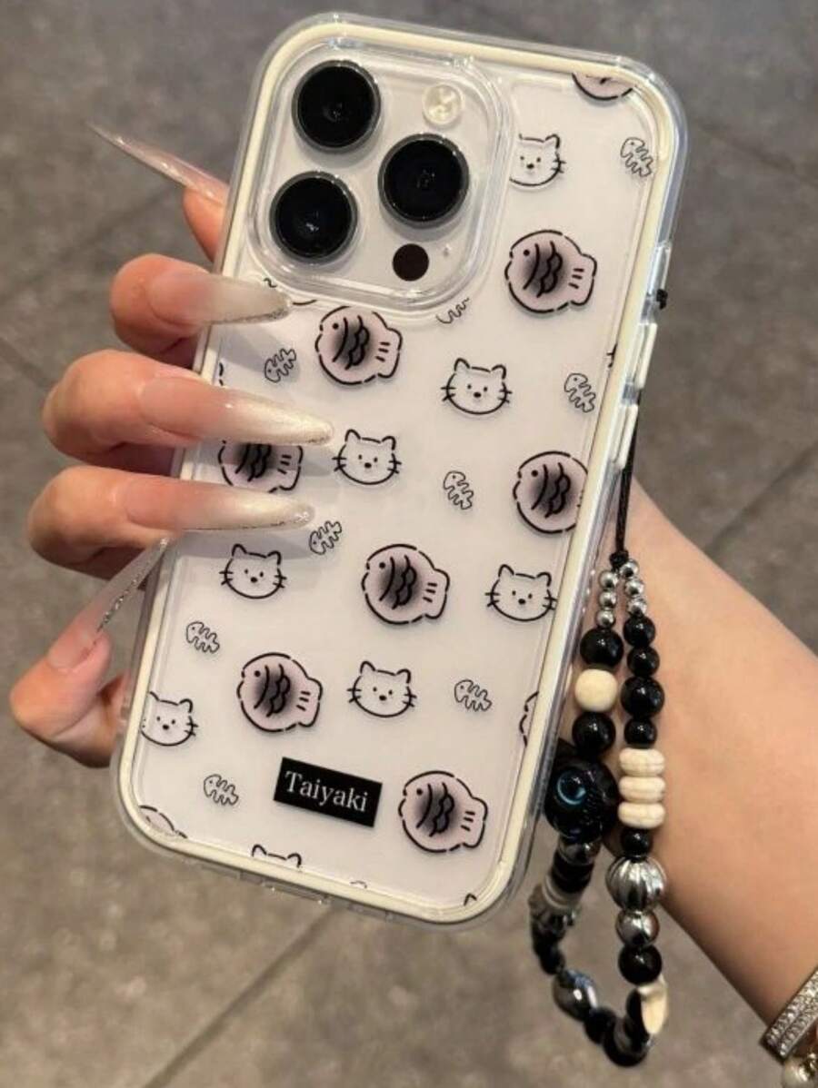 Cartoon süße Katze Fisch klar Handyhülle kompatibel mit iPhone 16 15 14 13 12 11 Pro Max Katzen Perlen Armband Handyhülle Rückseite
