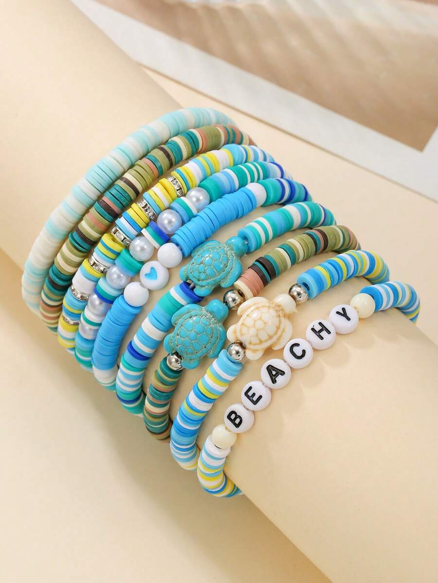 Juego de 9 piezas de pulseras hechas a mano con elementos de perla de resina, circonita cúbica y en forma de corazón y tortuga, estilo océano, adecuado para el uso diario y la playa de las mujeres