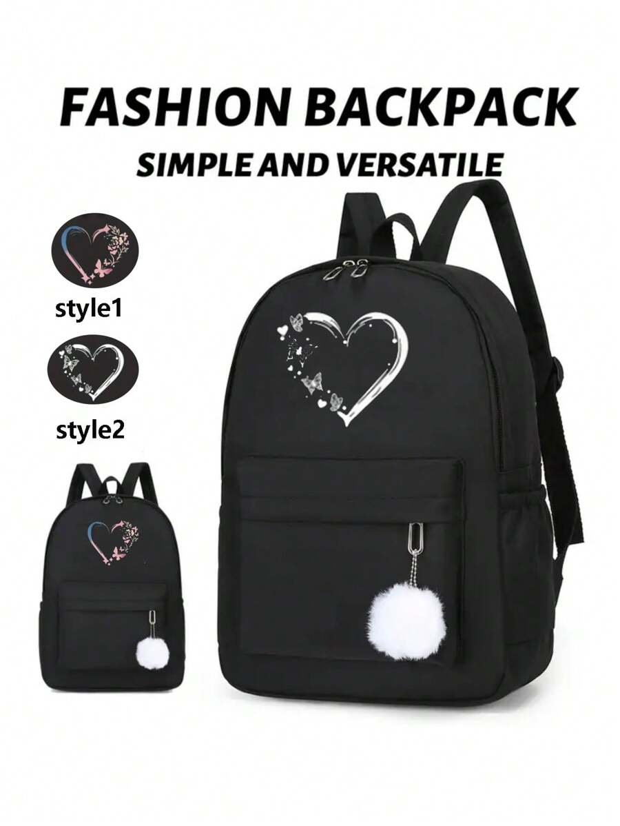 1pc Back To School Season Backpack, Cute Fresh Sweet Love Pattern Large Capacity Backpack, Fashionable And Versatile Love Butterfly Printed Casual Backpack, Casual Fashion Very Suitable For Traveling Outings School Bags. Large Capacity, Suitable For Work, Commuting, Work, Business Trips, Shopping, School, Vacation, Outdoor Leisure Sports, Travel, Shopping And Other Daily Use, Birthday Gifts For Friends. With Pendants.