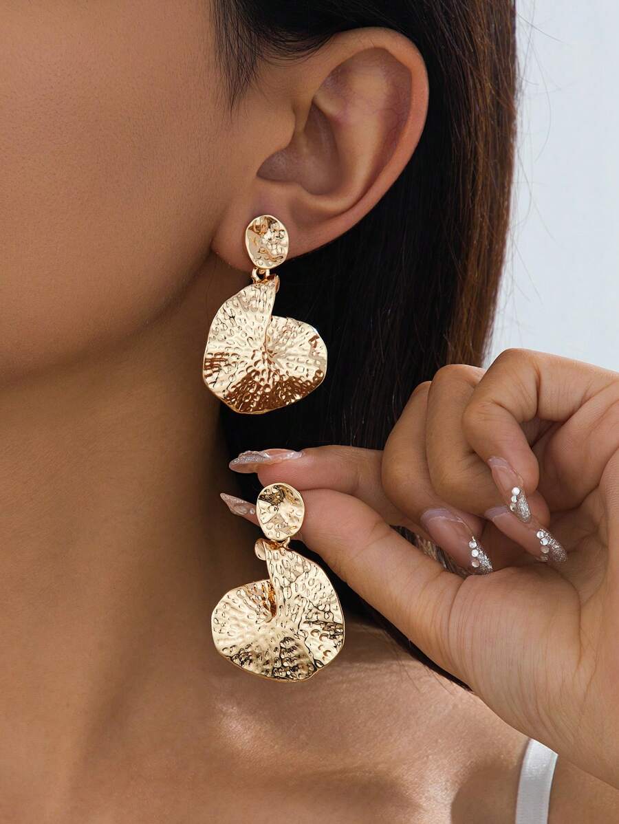1Pair Women Bold Unique Vintage Gold Crinkled Lava Textured Asymmetrical Geometric Pendant Earrings (No Gift Box)