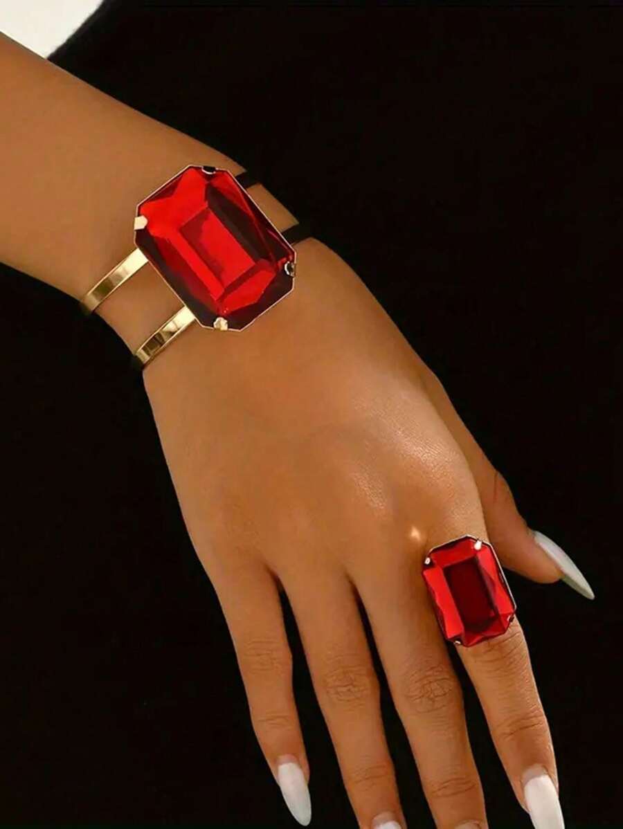 Conjunto de 2 piezas de joyería de pulsera y anillo con metal engastado con perlas exagerado, adecuado para fiestas y reuniones