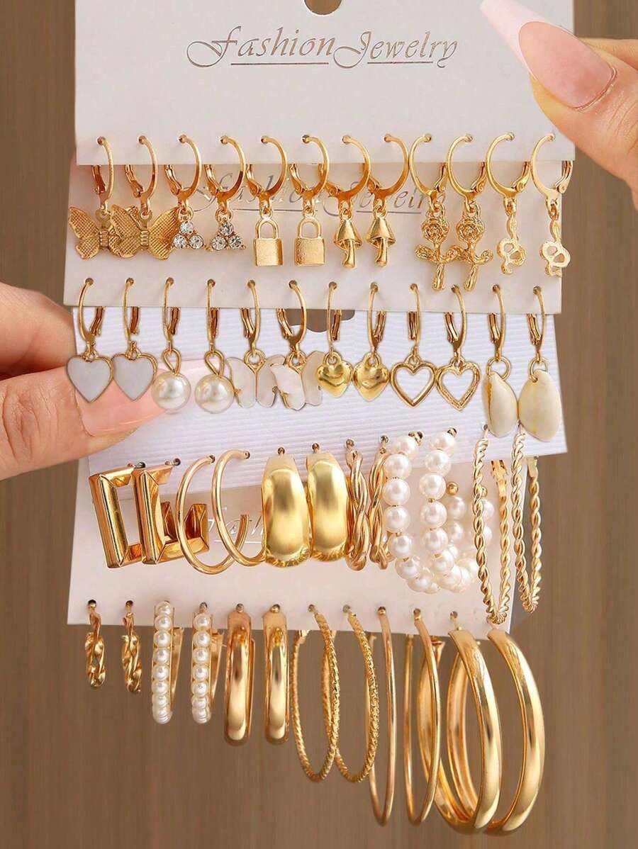 Conjunto de 48 brincos minimalistas fofos de coração, borboleta, flor, fecho de cobra, cogumelo e concha com strass, presente para mulheres, adequado para encontros, férias, uso diário