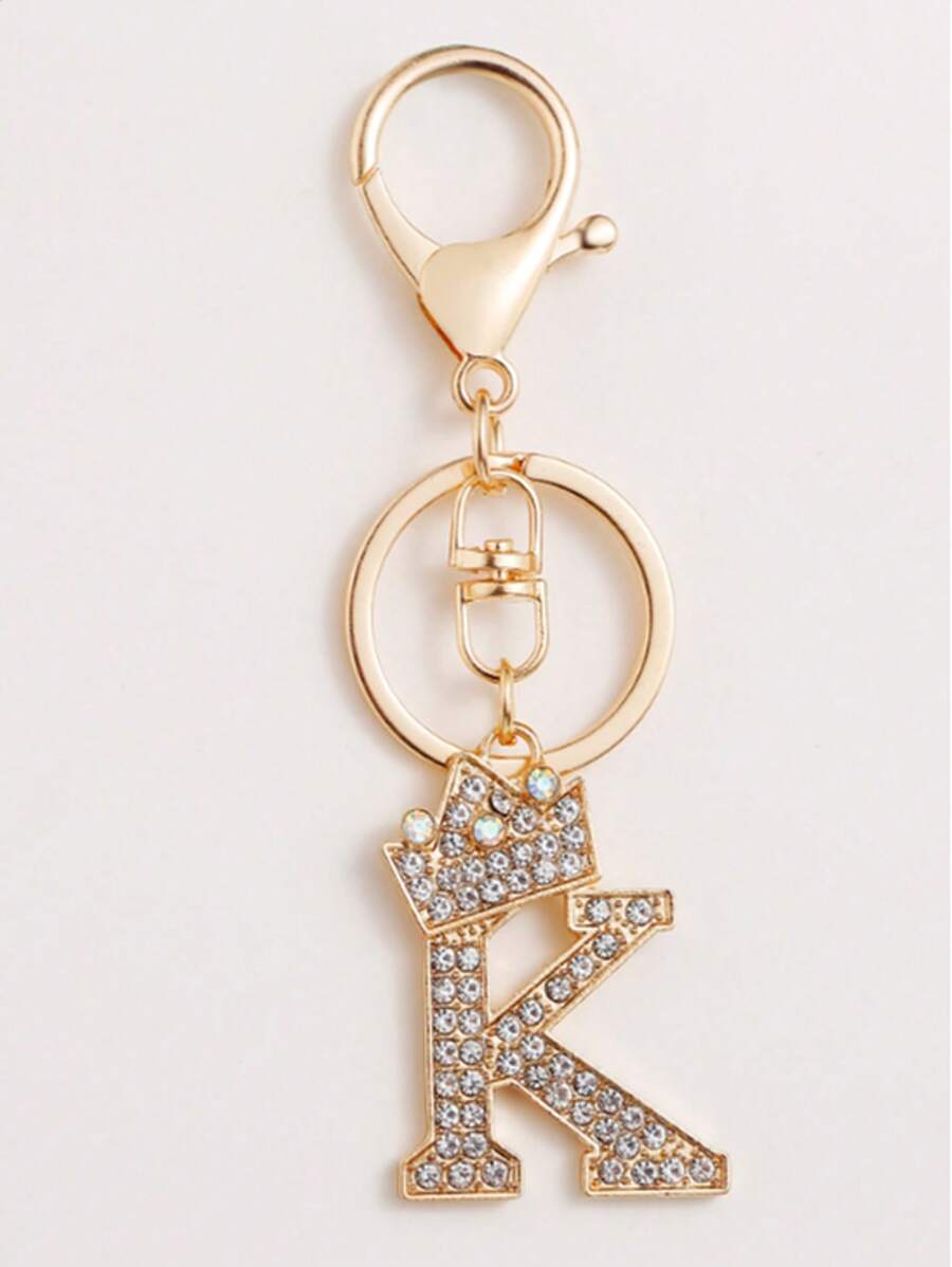 26pcs Alphabet Letter Rhinestone Keychain, Gold-Color Zinc Alloy Bling Pendant Accessories For Handbag Charm, ABCDEF School