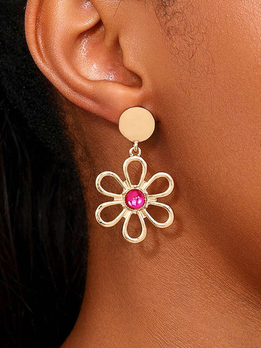 2 Stücke Mode einfache europäische & amerikanische Stil Metall Blume Anhänger Ohrringe mit rotem Kern, geeignet für Dates, markante Persönlichkeit, großzügig & luxuriös, für Frauenfeste, Geburtstaggeschenke, Urlaubsreisen, vielseitig einsetzbare hübsche Damen Ohrringe