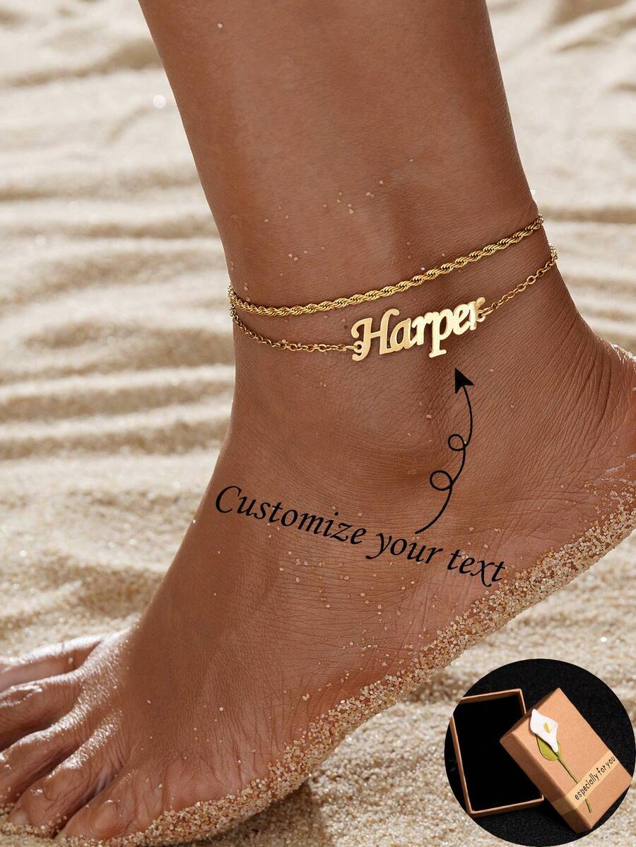 1 Stück personalisiertes, individuell bedrucktes 18K Edelstahl Fußkettchen für Frauen, zierlicher Schmuck für Sommer, Strand und Alltag, Geburtstagsgeschenk, Jahrestag, Muttertag, Valentinstag, Weihnachten, Thanksgiving Geschenk für Mutter, Schwester, Freundin, gute Freundin, Lehrerin