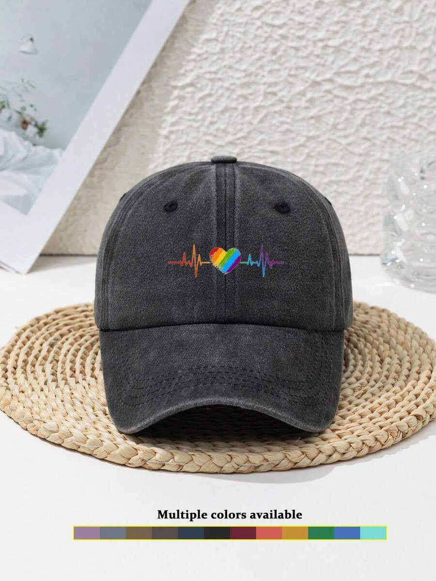 1 pièce Casquette de baseball en polyester décontractée, réglable, avec décorations multicolores de motifs cœur et battement de cœur à la mode, pour femmes. Convient pour le printemps, l'été, l'automne et l'hiver. Idéale pour les sports de plein air, le camping, la pêche.