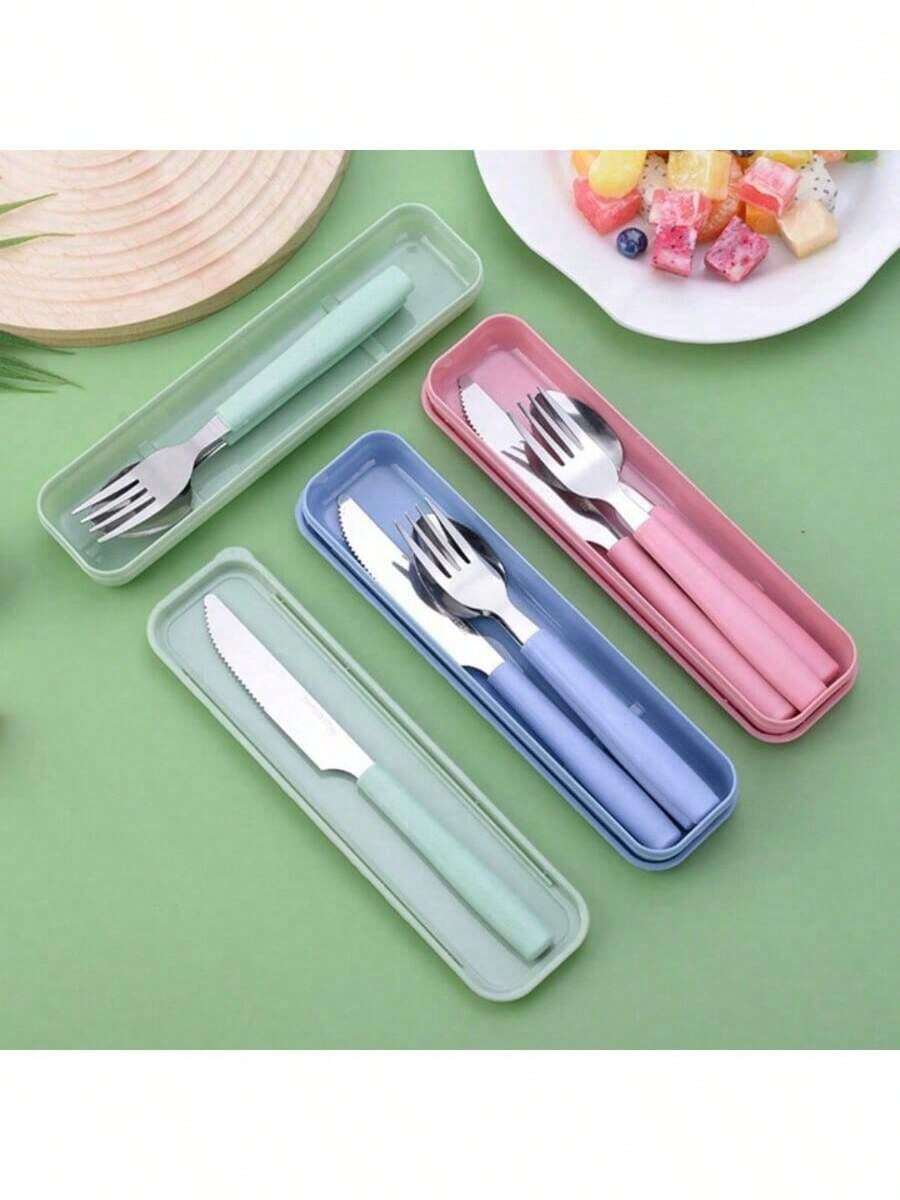 4 Stück tragbares Besteck-Set aus Edelstahl mit Messer, Gabel, Löffel und Aufbewahrungsbox - perfekt für Büros, Schulen, Picknicks, Camping und Outdoor-Aktivitäten (besonders geeignet für Kinder)