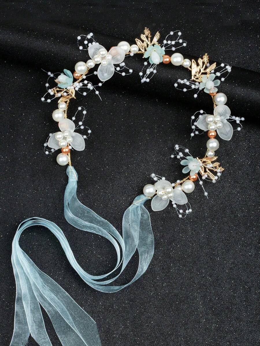 1pc Cute Flower & Pearl Flower Crown Princess Style Hair Band For Girls, Suitable For Children's Day Performance, Matching Dress Or Flower Girl Wedding