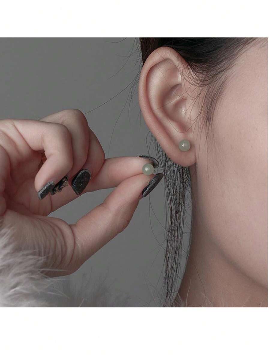 1pc S925 Silver & Jade Stone Vintage Earrings, Petite Delicate 8mm Jade Hoop Earrings For Women, Versatile Minimalist Design
