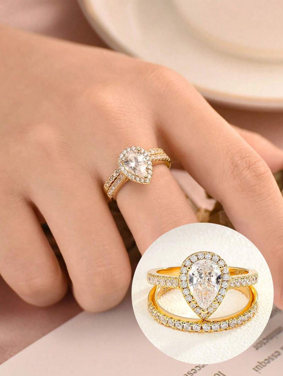 2 Pc Single Row Golden Drops Diamond Set Ring Ladies Jewelry For Women 925 Sterling Silver Shining Gorgeous Promise Ring Fine Jewelry For Wedding Prom Party