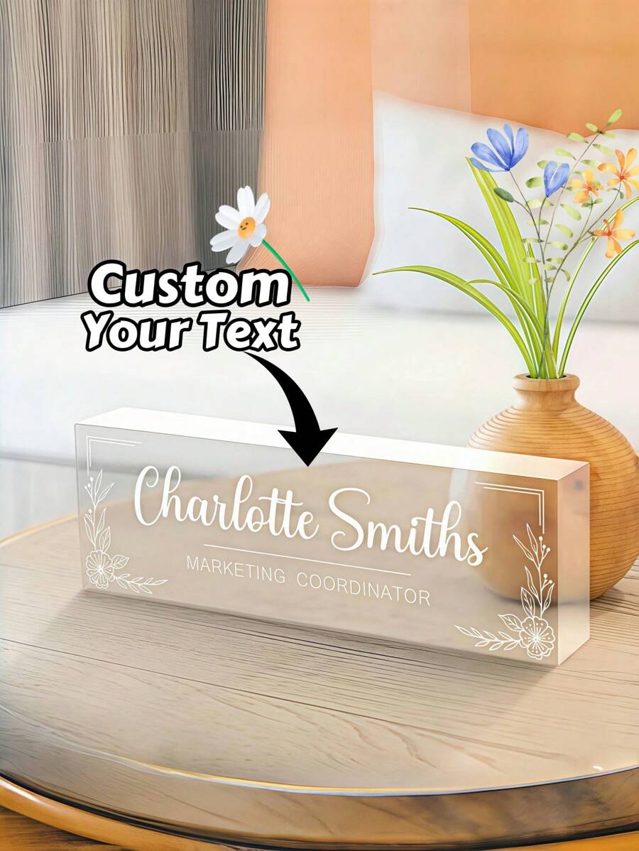 1 Stück personalisiertes Schreibtisch-Namensschild aus Acryl, individuelle Büro-Plakette mit Name und Position, Blumen-Namensschild aus Acryl, Büromitarbeiter, Geschenk für Schulanfang oder Geburtstag, Einschulung Schulbedarf, Rückkehr zur Schule
