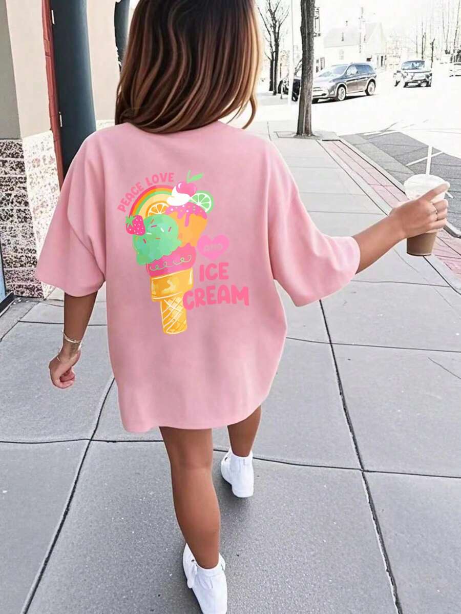 Camiseta casual de cuello redondo de manga corta con estampado rosa para niñas, parte superior de verano para adolescentes y estudiantes