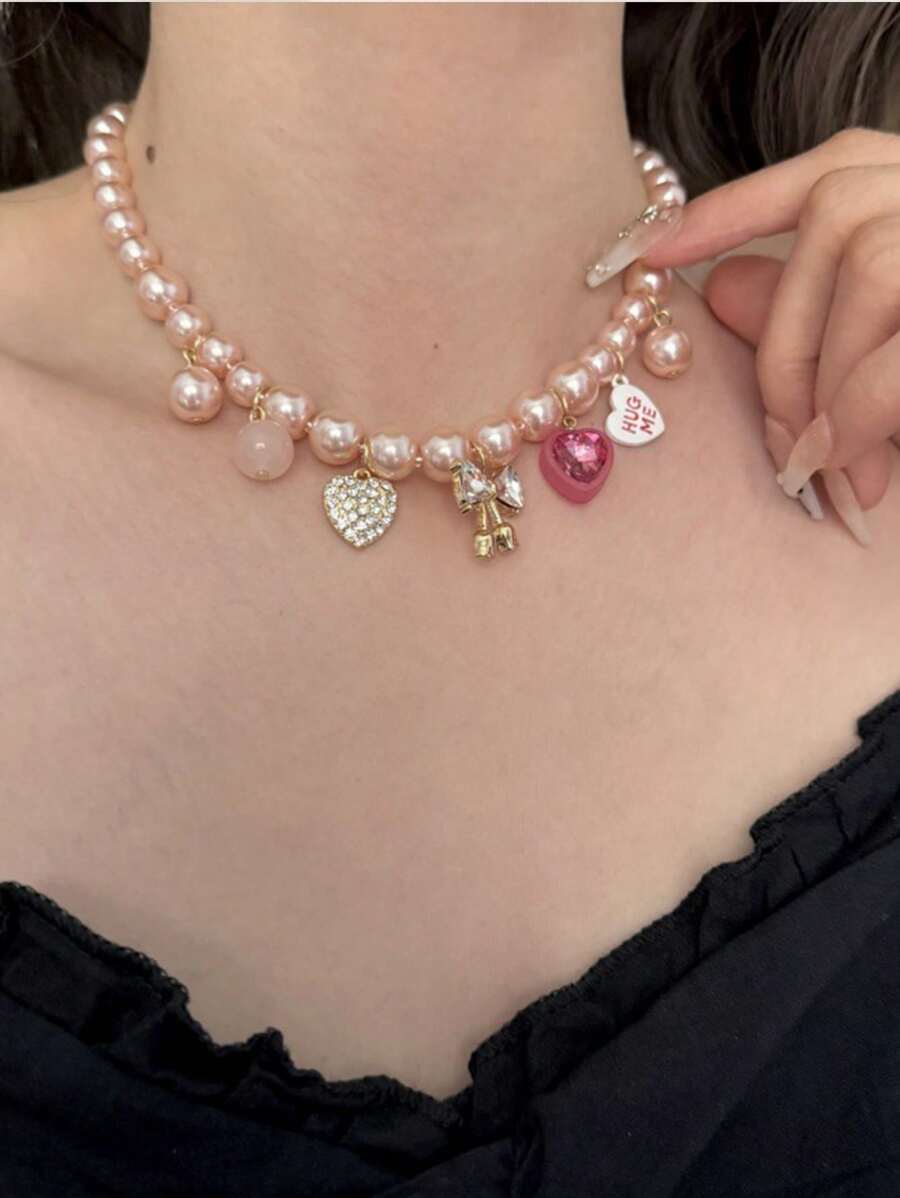 1 pieza Collar con corazón y lazo de perla de champán, elegante y de moda, collar de lujo ligero y delicado adorno de cadena para la clavícula