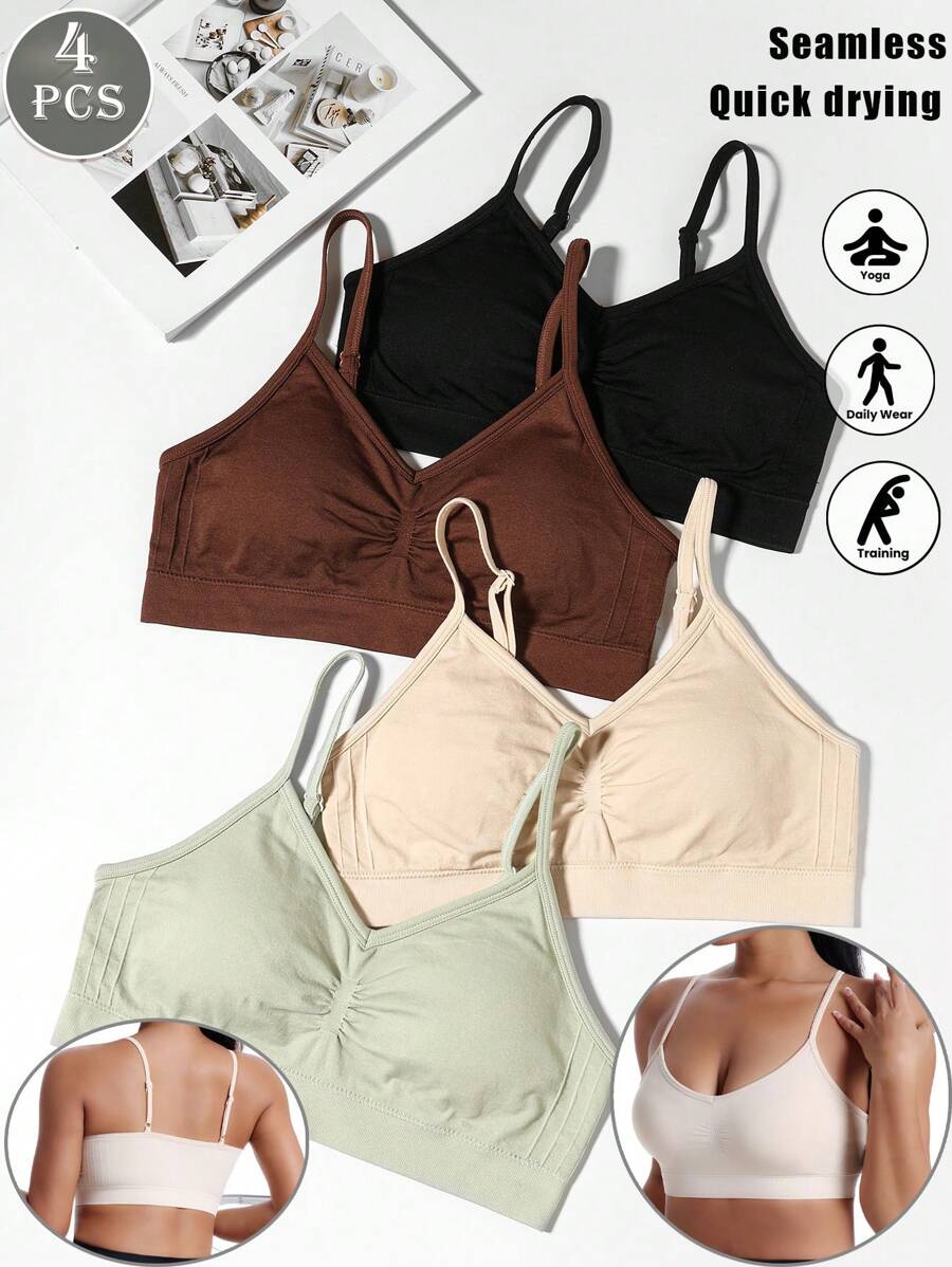 4pcsWomen's Multi-Color Base Layer Top, Sports Bra With Cups And Thin Shoulder Straps, Detachable Padded Push-Up Bra, Fitness And Running Vest, Sexy Yoga Top
