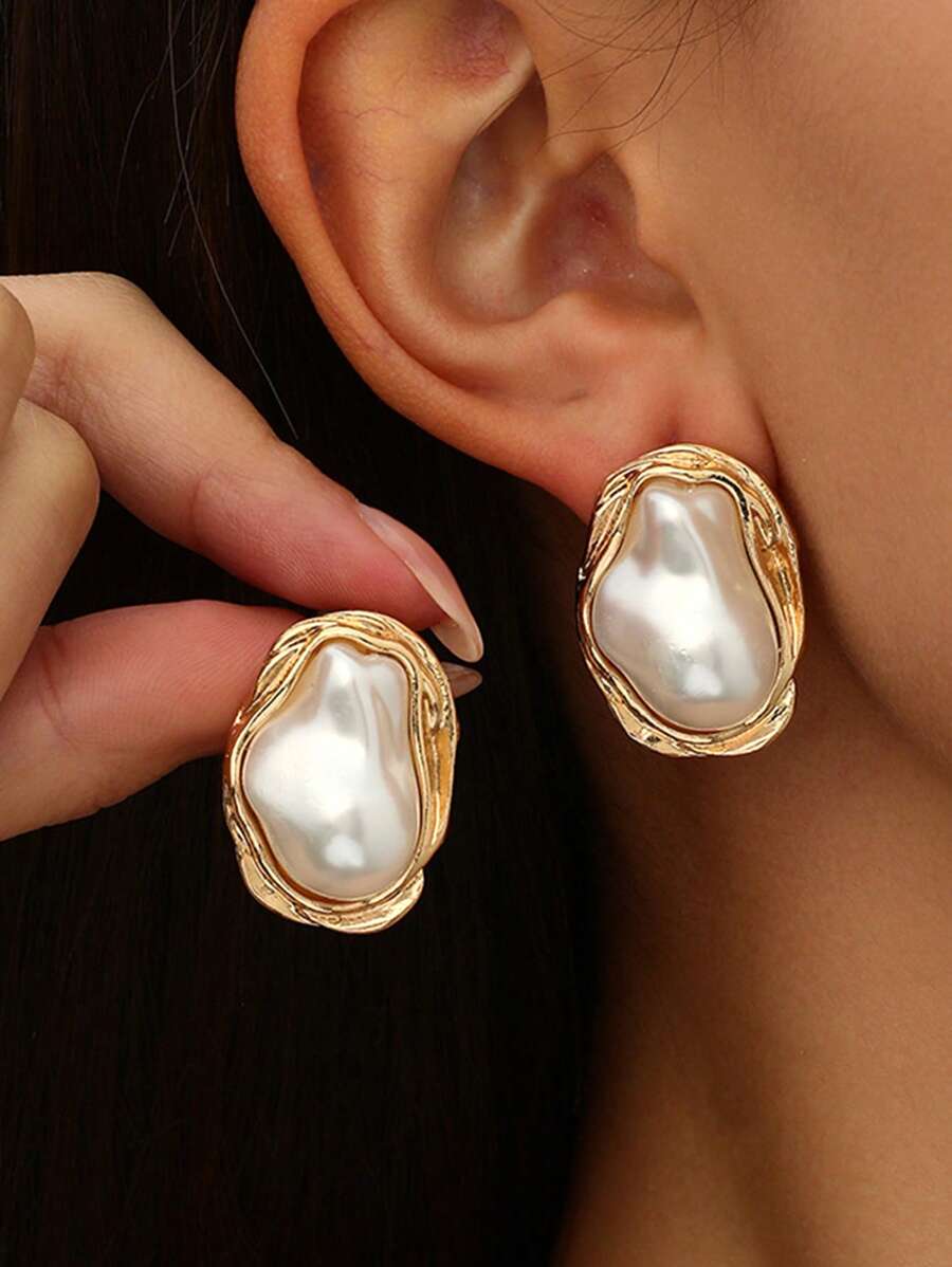 1 Pair Vintage Asymmetrical Geometric Pearl Earrings For Women, Elegant Earrings Suitable For Women's Daily And Party Wear, All Seasons, Gift