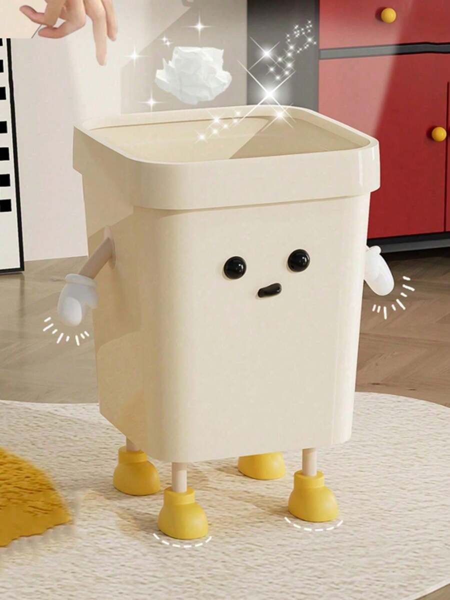 1pc Large Bathroom Trash Can, Cream Style Garbage Bin, High-End Appearance For Living Room, Bedroom, Kitchen, Toilet, Large Size Cartoon Creative Cute Waste Bin