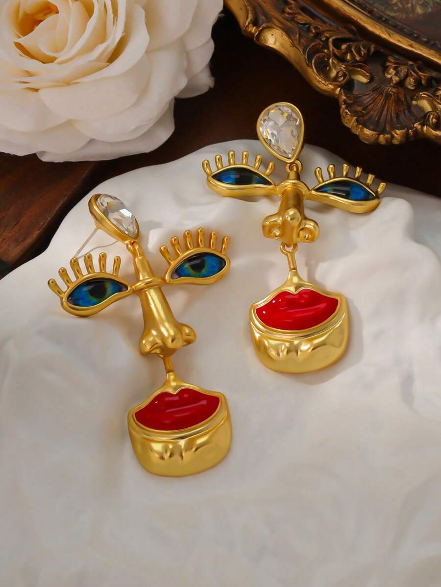 1 Pair Exaggerated Retro European American Style Personalized 3D Face With Blue Eyes Red Lips Earrings, Suitable For Women To Wear Daily Or At Parties