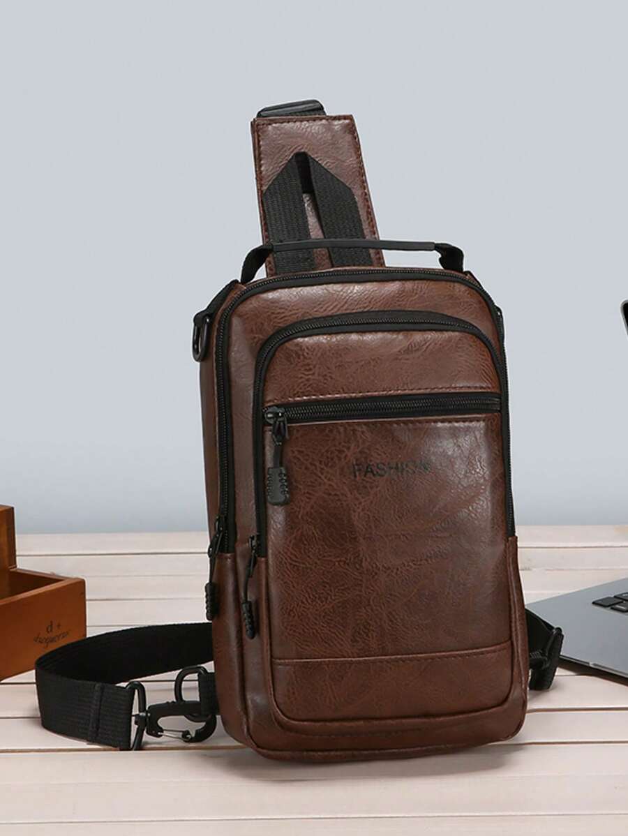 Bolsa de Negócios Casual Vintage PU Masculina com Impressão de Letra e Múltiplos Bolsos no Peito, Bolsa Versátil de Ombro/Transversal para Deslocamento, Compras, Trabalho