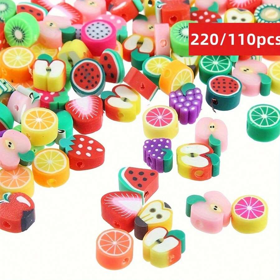 220/110 piezas Juego de cuentas de arcilla de verano con estampado de frutas aleatorio de 10 mm, charms de arcilla polimérica para hacer pulseras, collares y joyería