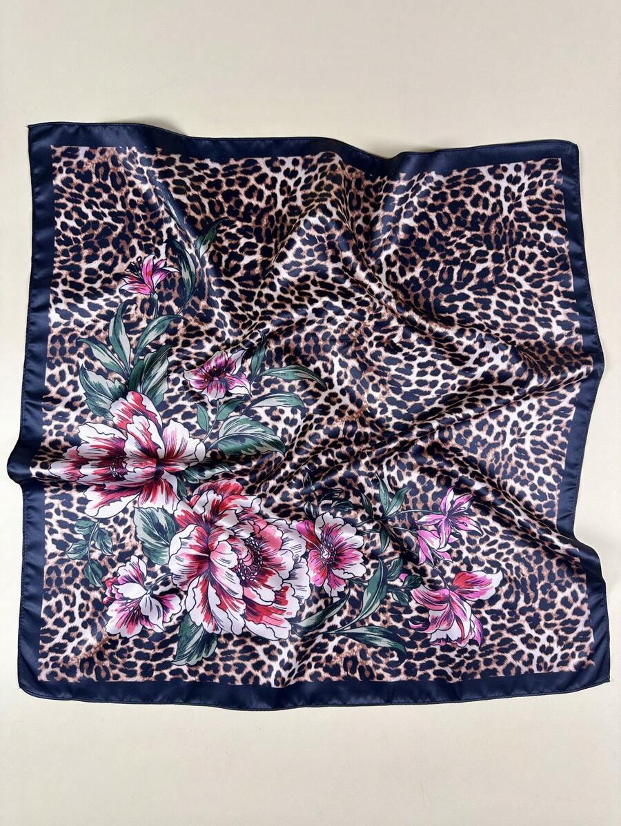 1 Stück Damen Blumen und Leopard Muster Quadratischer Schal, elegantes Halstuch Bandana, Satinschal als Haraccessoire