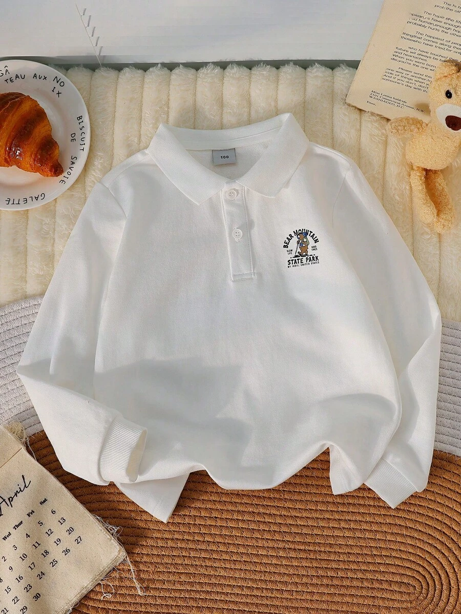 Camicia polo casual a maniche lunghe con stampa di lettere per ragazzo giovane