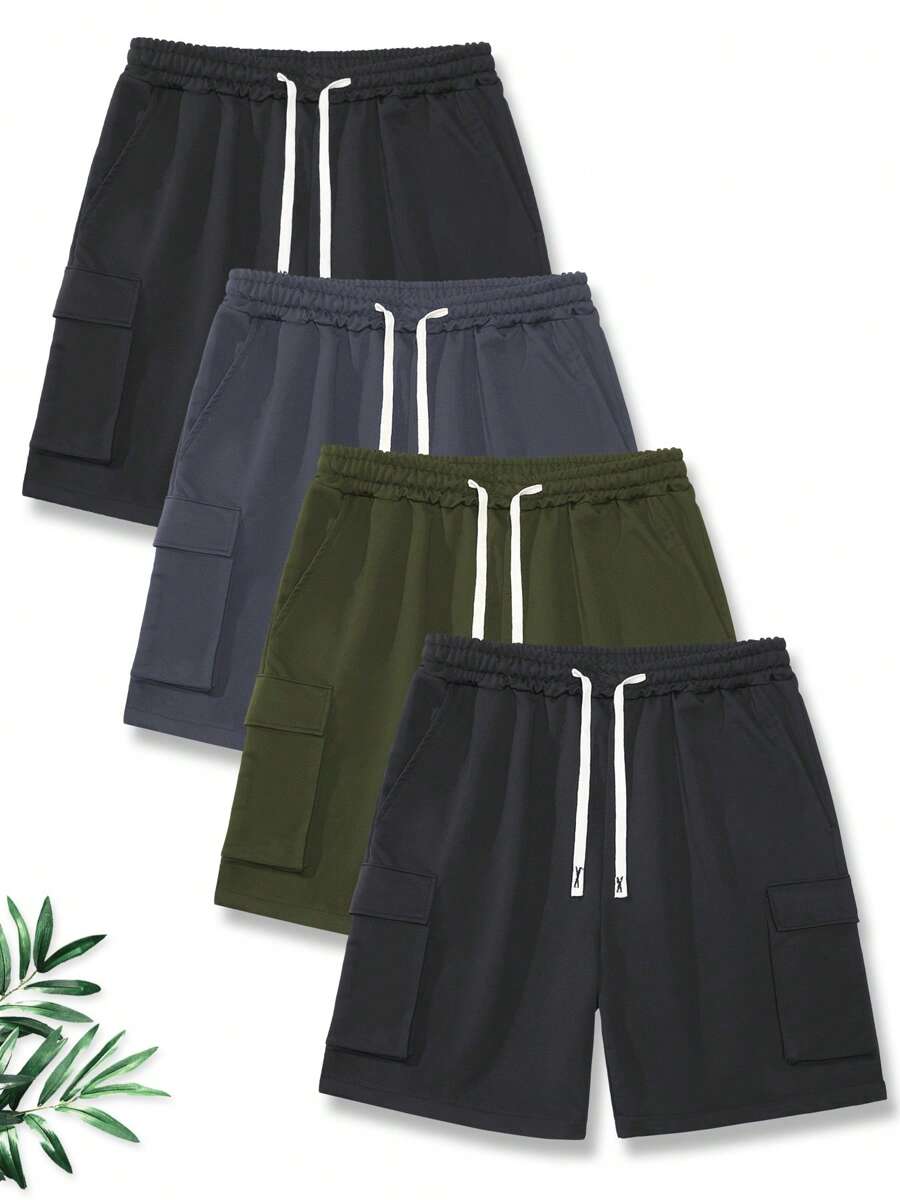 4pcs Men's Basic Solid Cargo Shorts, Drawstring Waist Regular Fit Casual Outdoor Shorts With Pockets, Suitable For Daily Wear, Outdoor, Sports, Running, Golf, Fishing, Basketball, Camping, Gym, Swimming And Beach