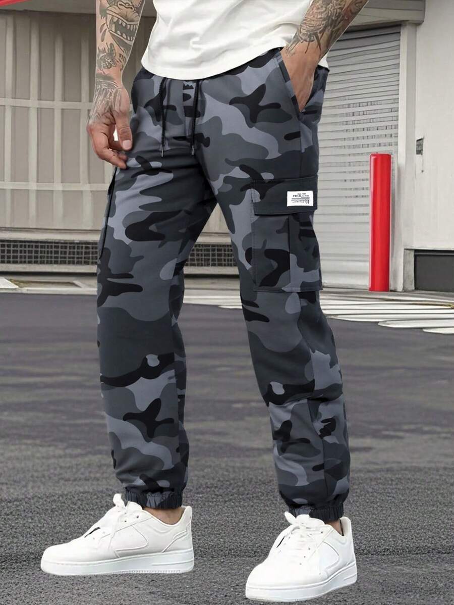 Men's Camo Cargo Pants With Adjustable Drawstring And Multiple Pockets - Regular Fit Casual Trousers, Suitable For Outdoor Activities, Fashionable Design, Durable Construction, Active Lifestyle