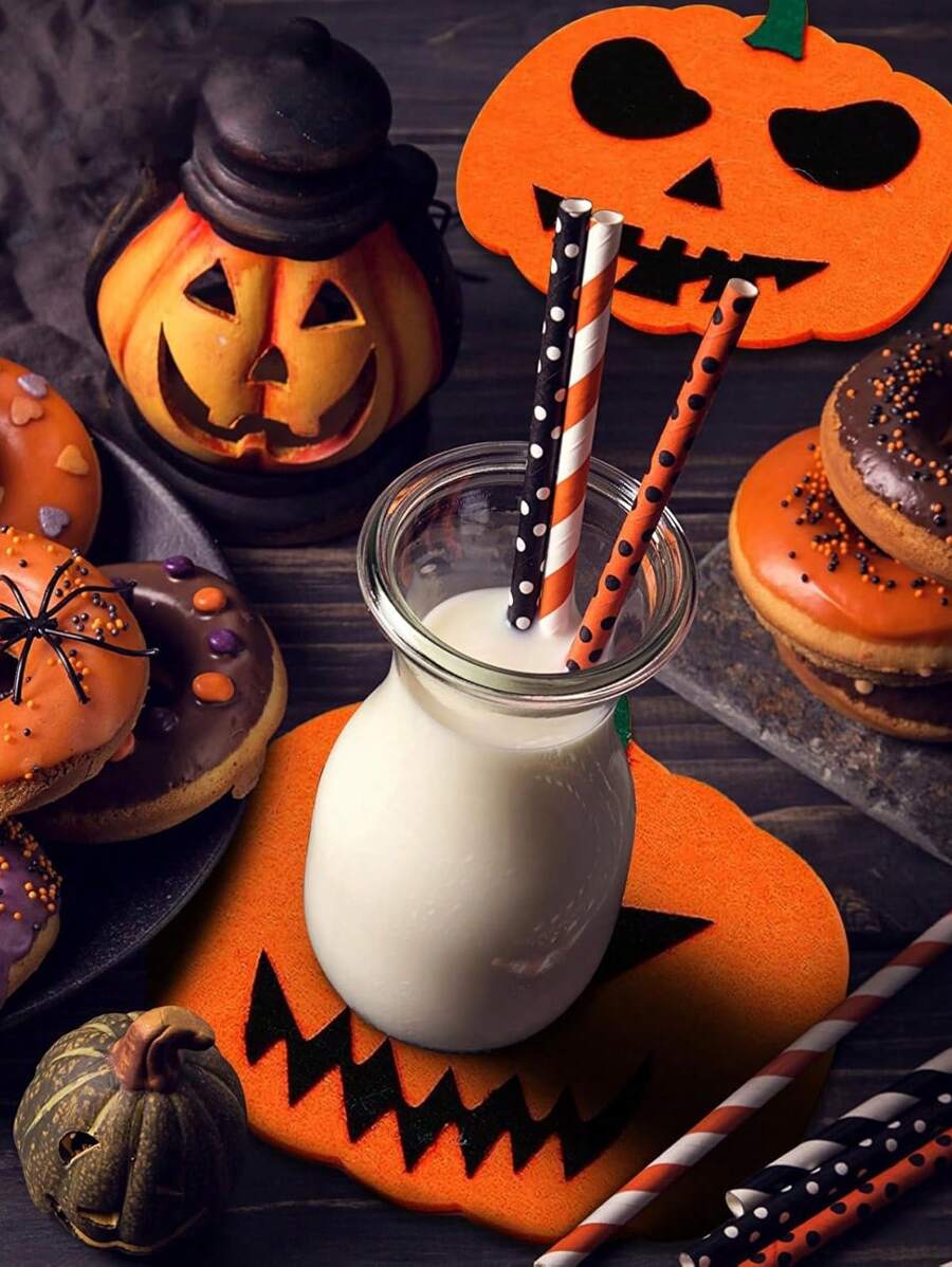 3/6/12pcs Halloween Pumpkin Felt Cup Coasters, Non-Slip Heat-Resistant Mat, Holiday Party Decor
