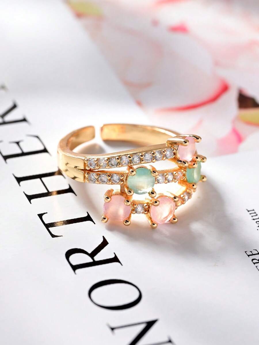 1pc 18K Gold Plated Fashion Cat's Eye Gemstone Ring,Pink And Green Crystals Open End Adjustable Ring,Summer Beach Vacation Accessory,Suitable For Women's Daily Wear,Wedding,Dating,Party,Holiday,Valentine's Day Gift,Fine Jewelry Gift.